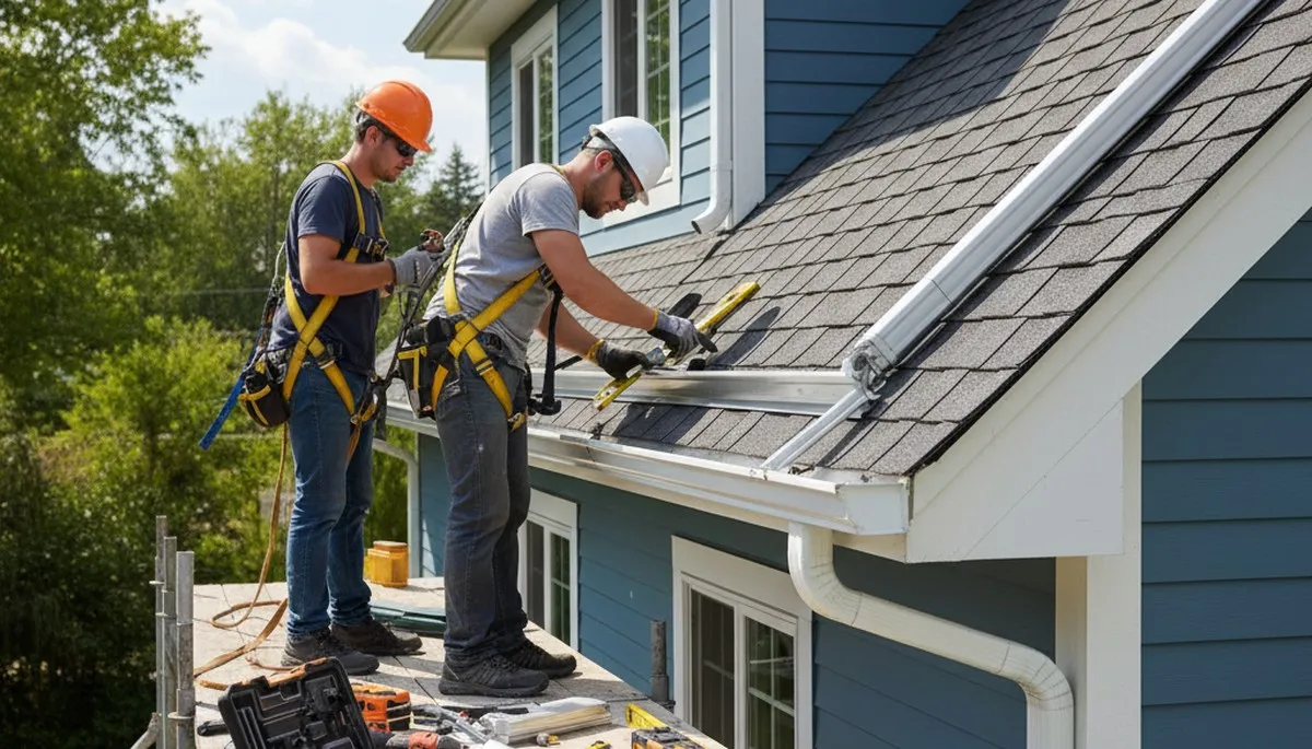 Las Vegas, NV gutter repair crew fixing leaks and sagging gutters on a home exterior